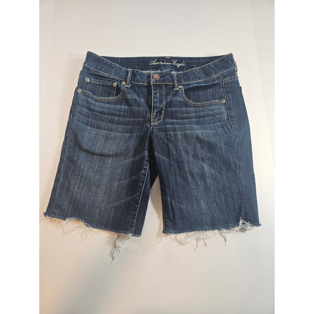 American Eagle Long Denim Shorts Women 12 Dark Wash Raw Hem Stretch